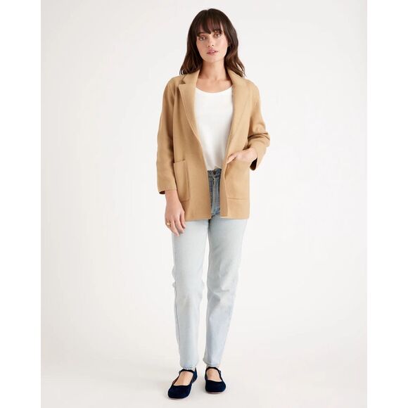 Quince Organic Cotton Knit Blazer Camel size L Open Front Tan Cardigan Jacket - Picture 1 of 13